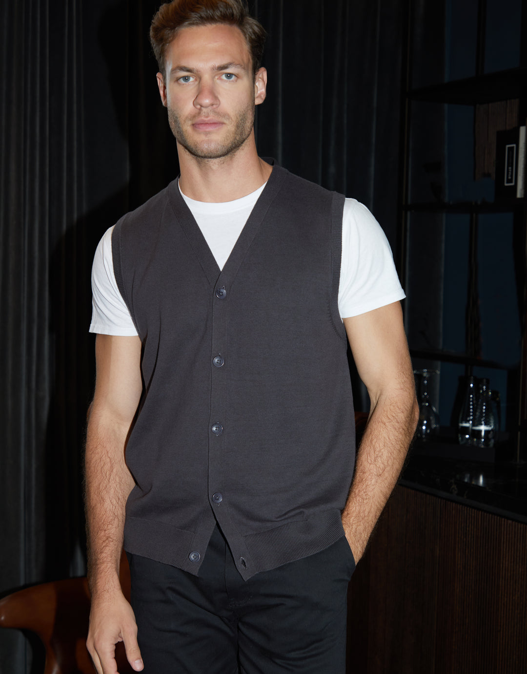 Charcoal Grey Knitted Button Up Waistcoat