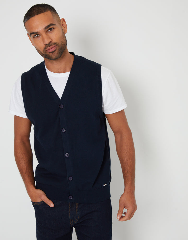 Navy Knitted Button Up Waistcoat
