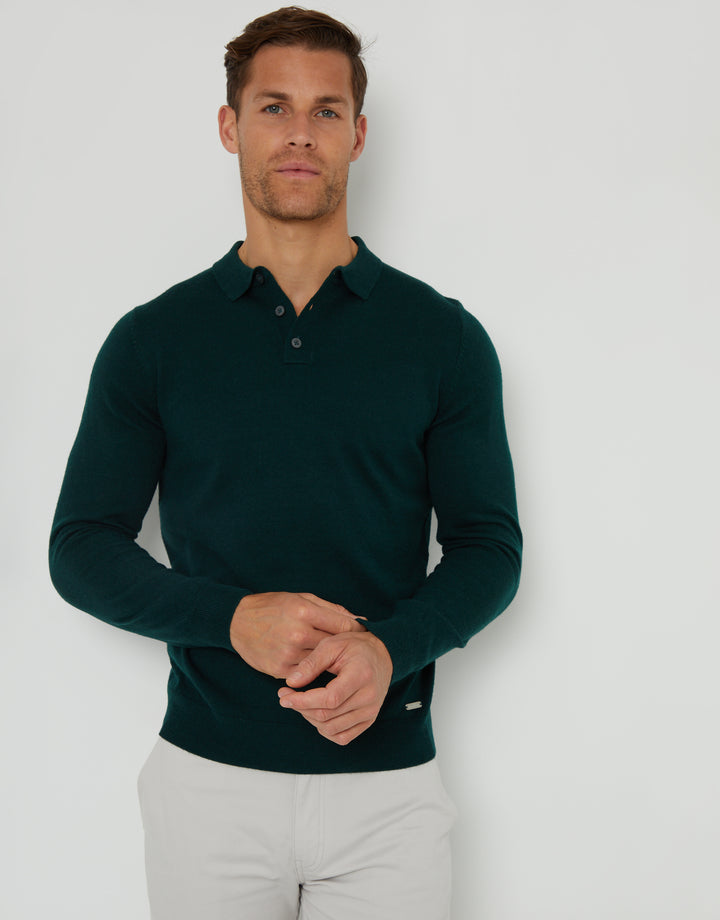 Pine Green Long Sleeve Knitted Polo Jumper