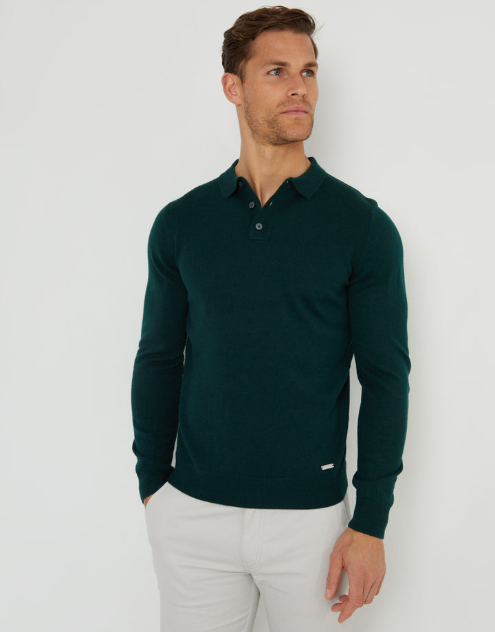 Pine Green Long Sleeve Knitted Polo Jumper