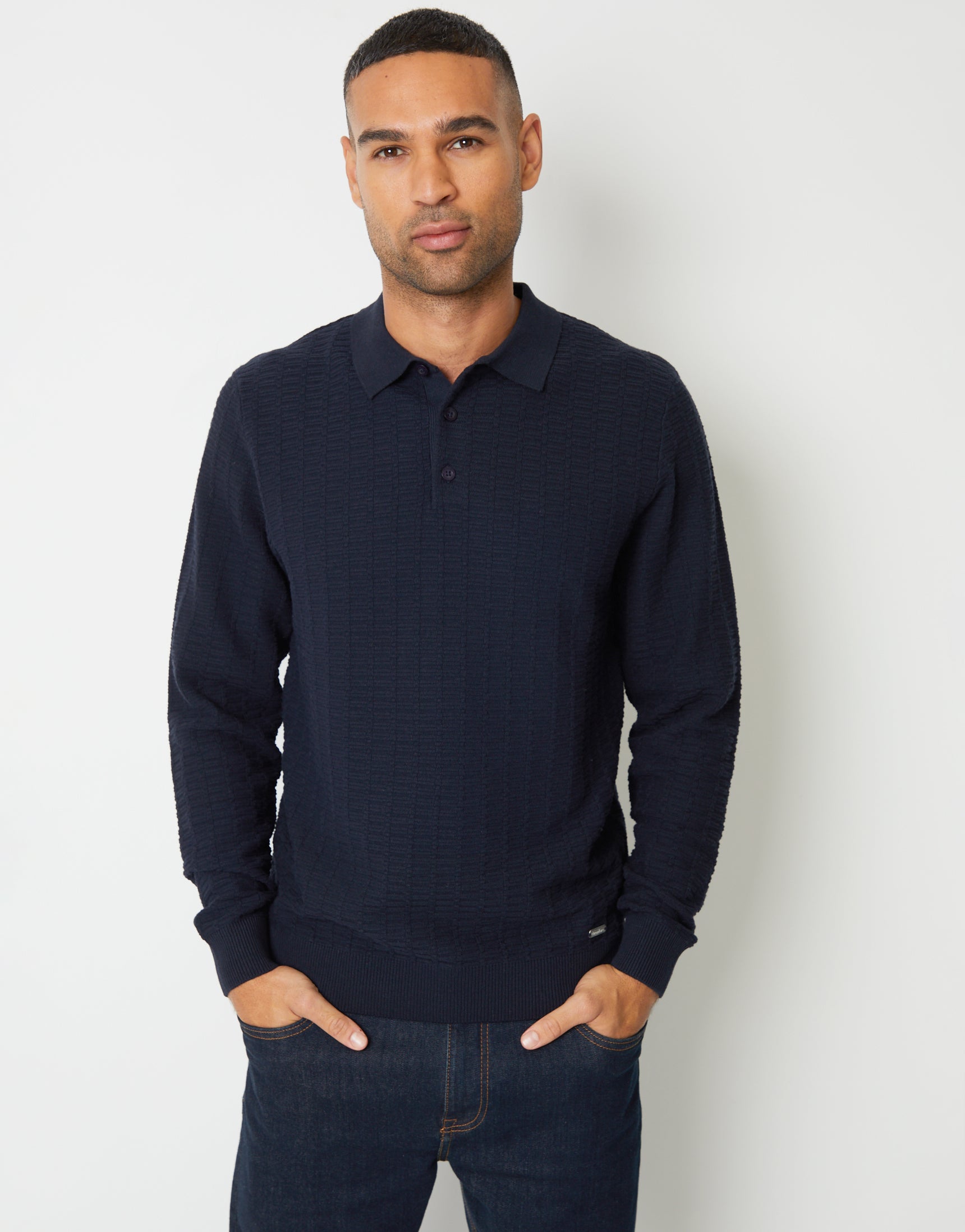 Threadbare Men's Navy Long Sleeve Textured Knitted Polo Jumper