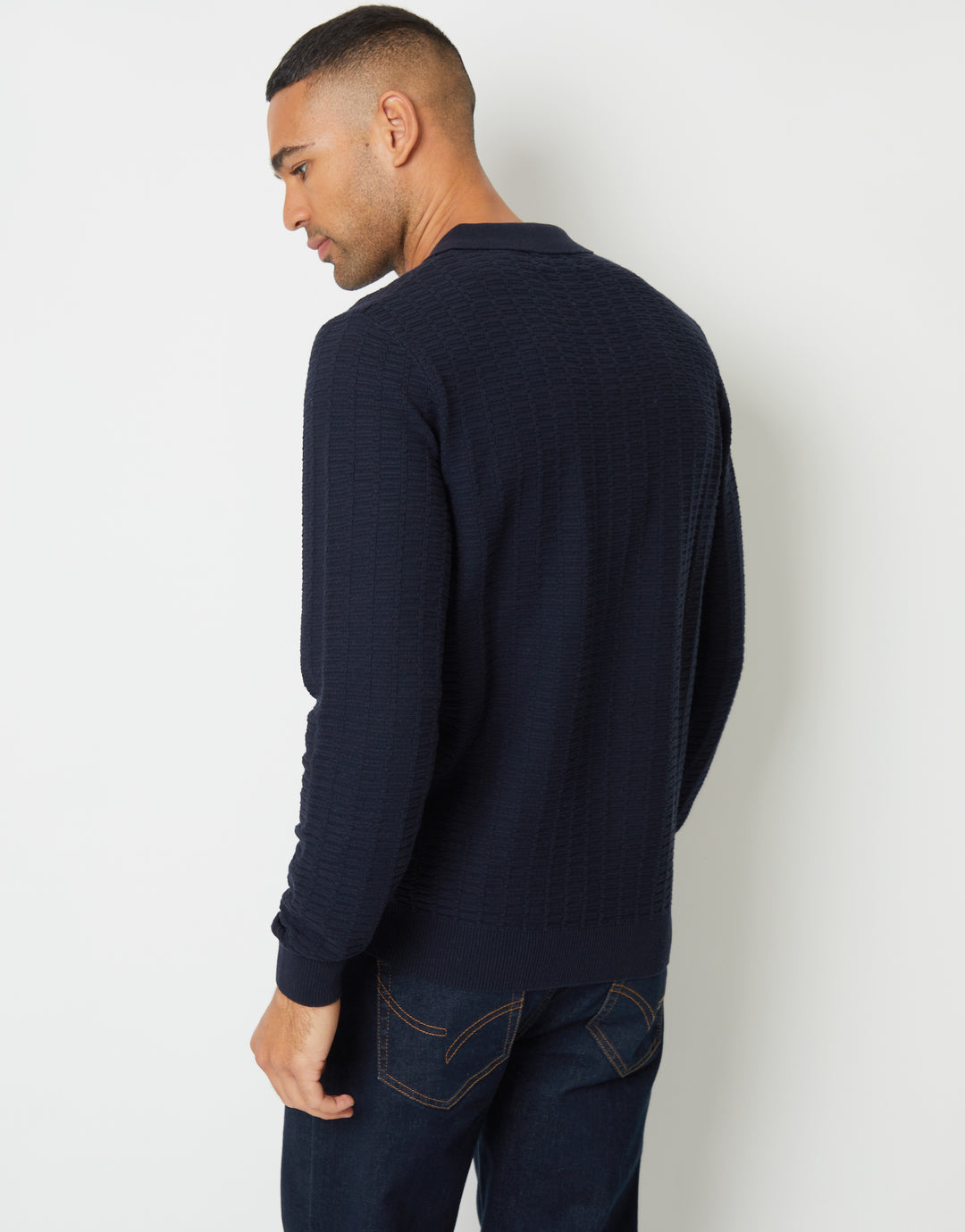 Navy Long Sleeve Textured Knitted Polo Jumper