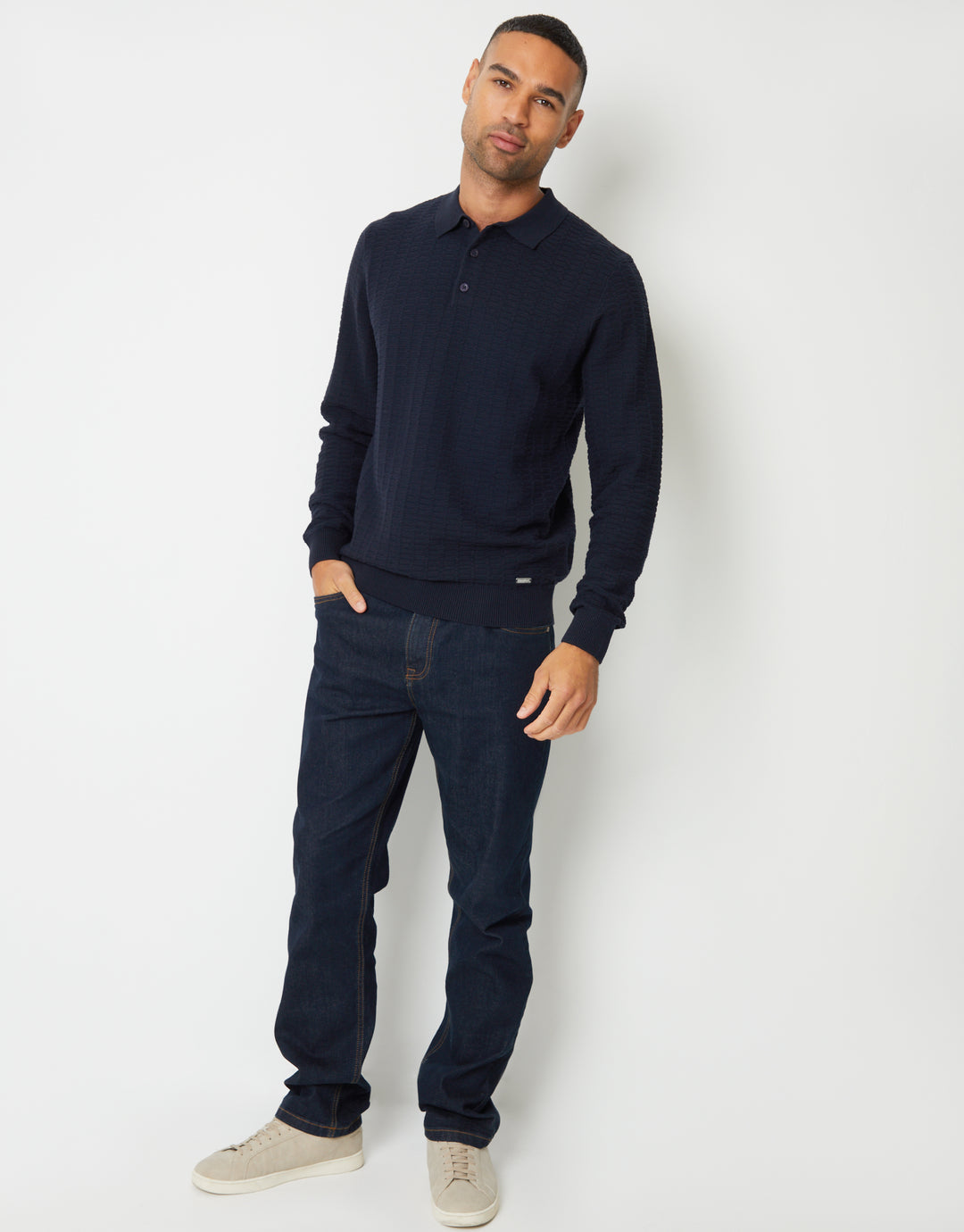 Navy Long Sleeve Textured Knitted Polo Jumper