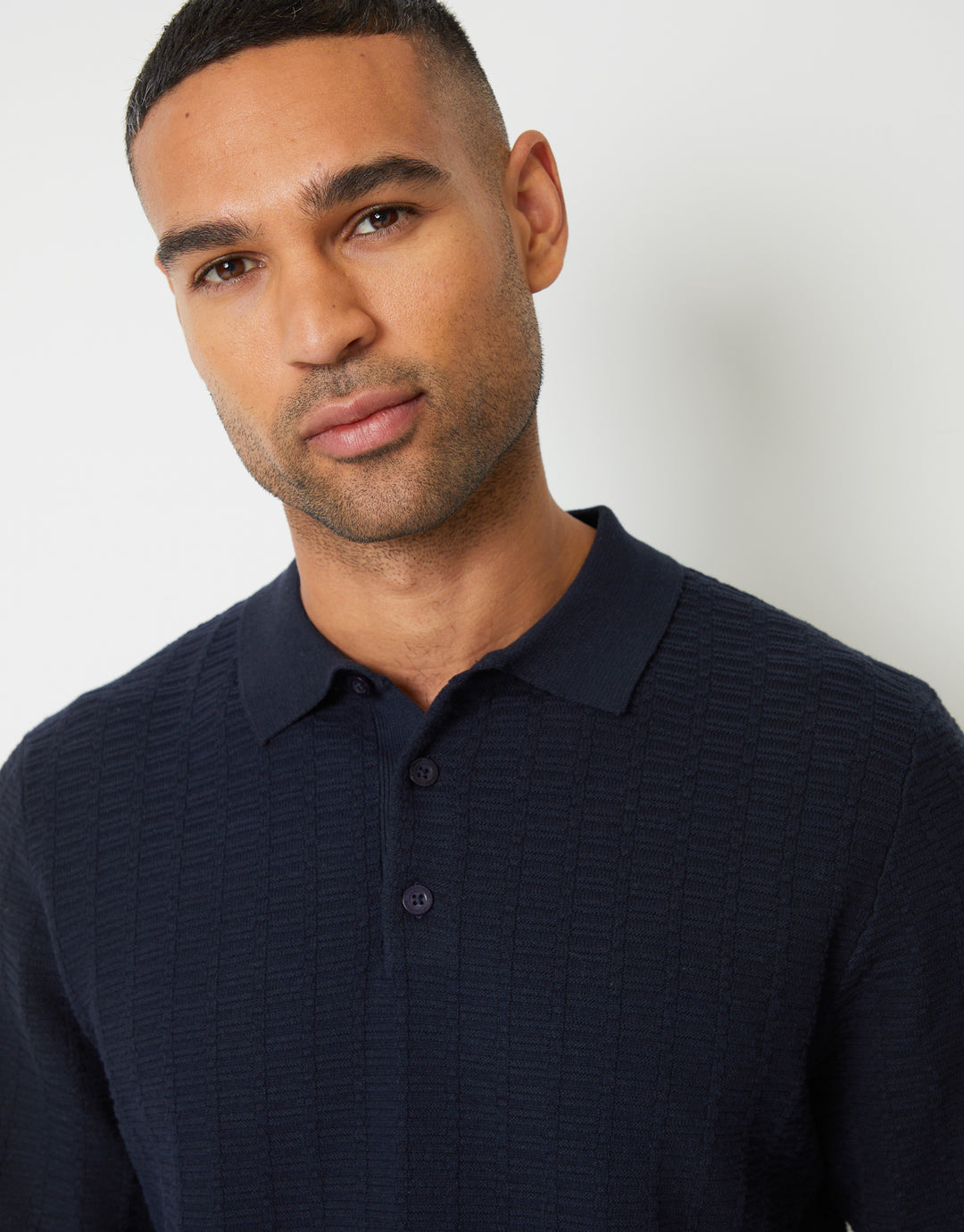 Navy Long Sleeve Textured Knitted Polo Jumper