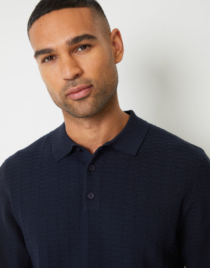 Navy Long Sleeve Textured Knitted Polo Jumper
