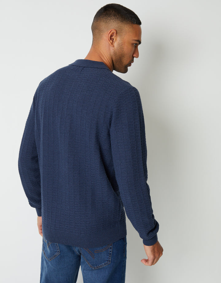 Denim Blue Long Sleeve Textured Knitted Polo Jumper