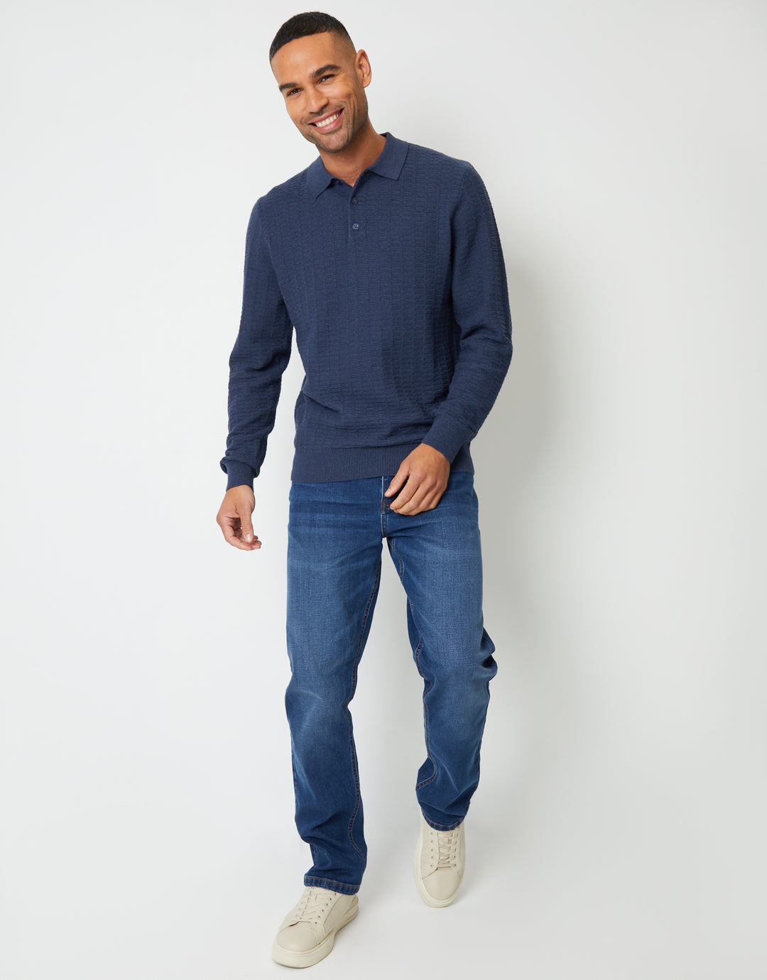 Denim Blue Long Sleeve Textured Knitted Polo Jumper