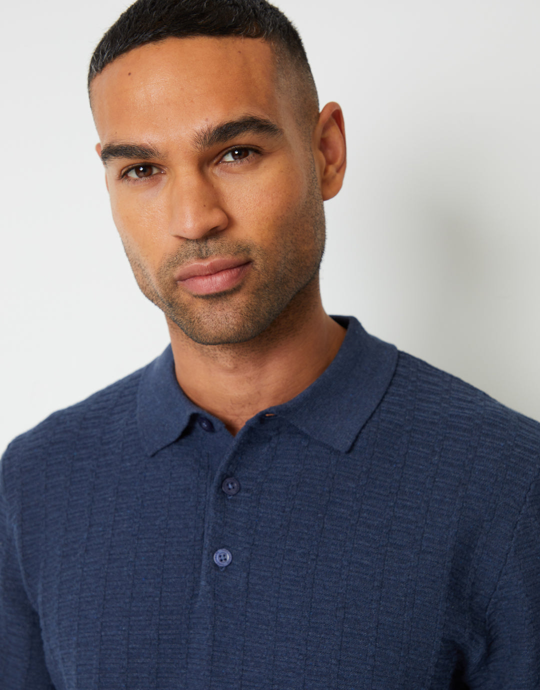 Denim Blue Long Sleeve Textured Knitted Polo Jumper