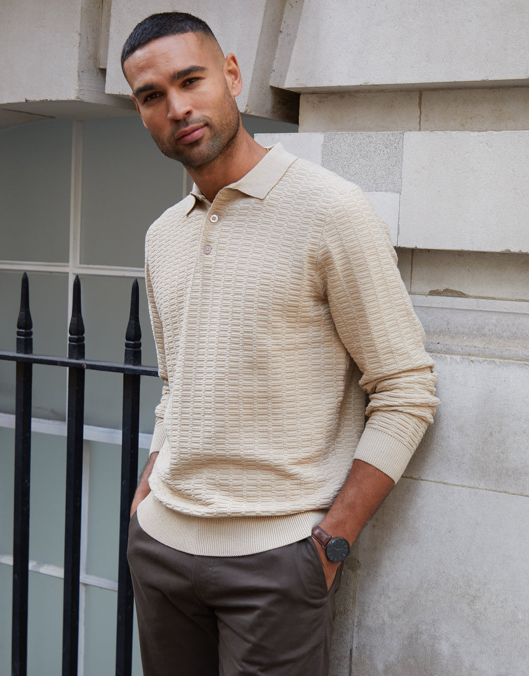 Ecru Long Sleeve Textured Knitted Polo Jumper