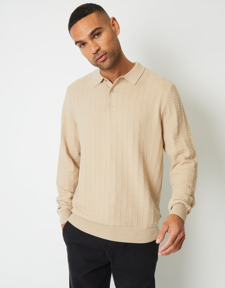 Ecru Long Sleeve Textured Knitted Polo Jumper