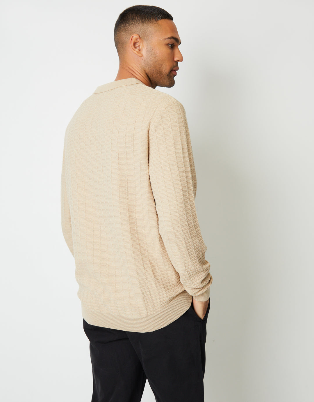 Ecru Long Sleeve Textured Knitted Polo Jumper