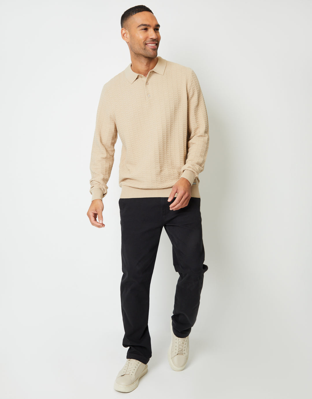Ecru Long Sleeve Textured Knitted Polo Jumper