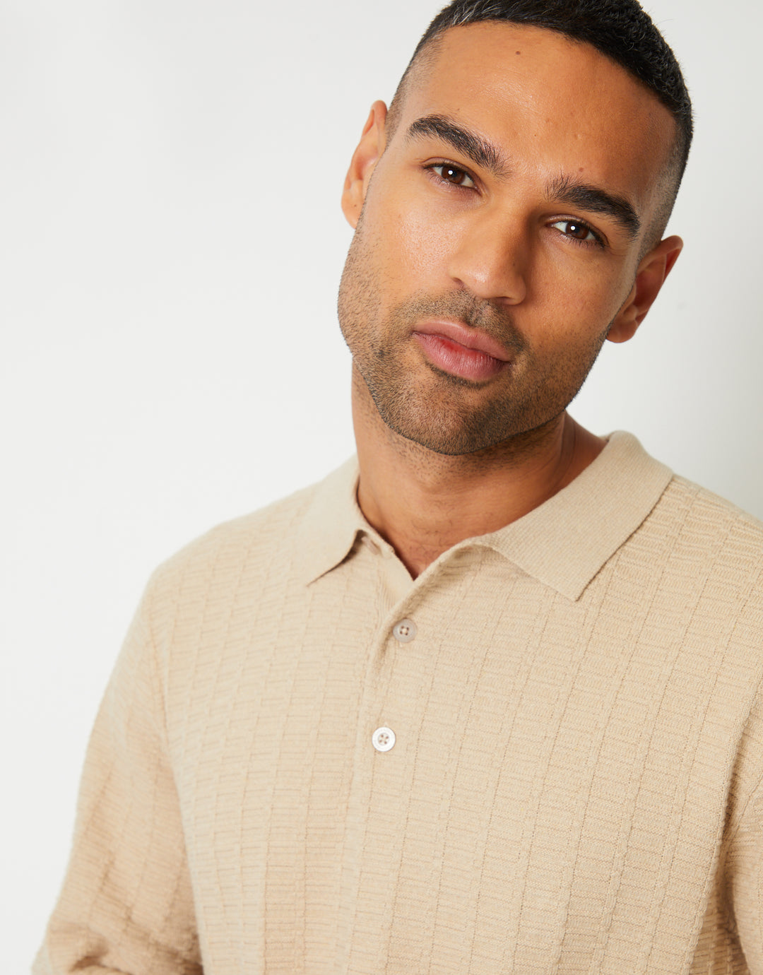 Ecru Long Sleeve Textured Knitted Polo Jumper