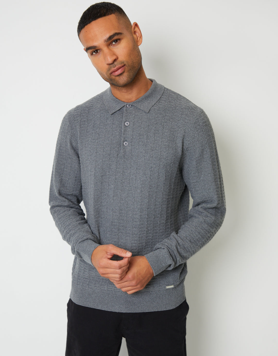 Mid Grey Marl Long Sleeve Textured Knitted Polo Jumper