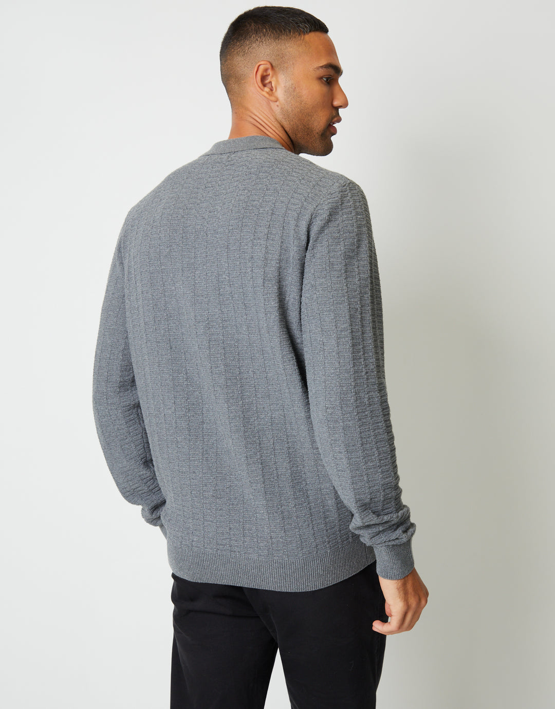 Mid Grey Marl Long Sleeve Textured Knitted Polo Jumper