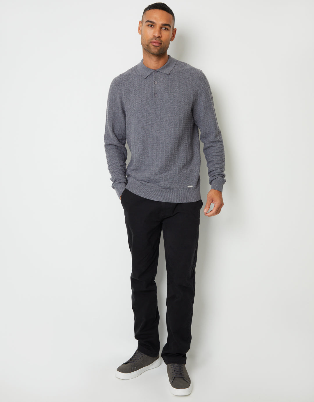 Mid Grey Marl Long Sleeve Textured Knitted Polo Jumper