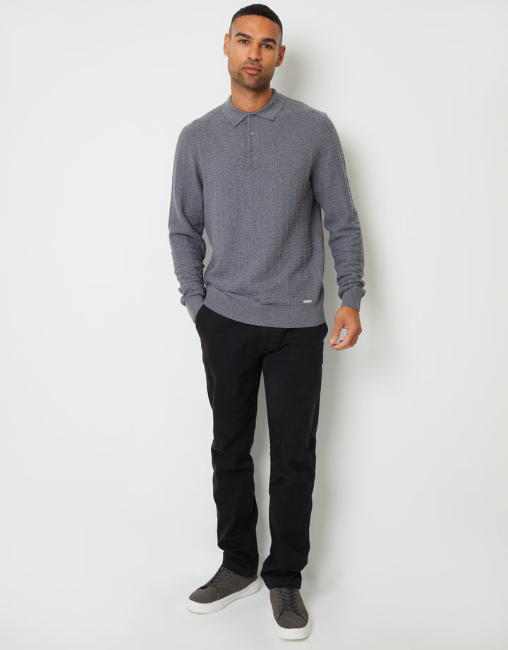 Mid Grey Marl Long Sleeve Textured Knitted Polo Jumper