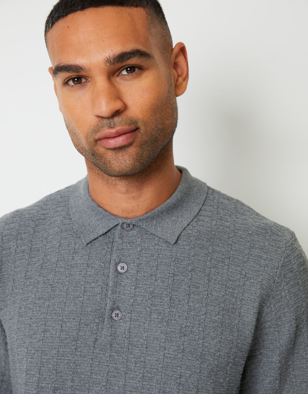 Mid Grey Marl Long Sleeve Textured Knitted Polo Jumper