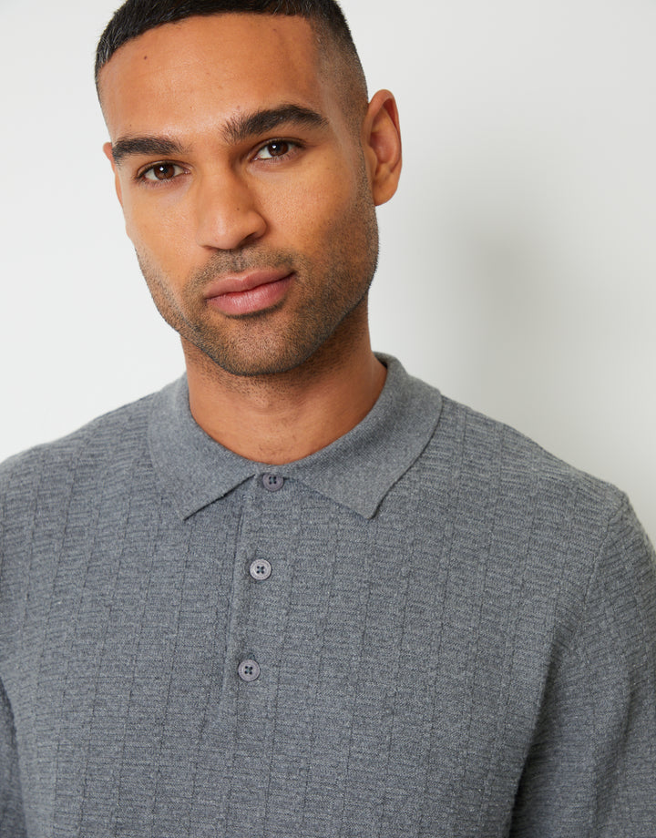 Mid Grey Marl Long Sleeve Textured Knitted Polo Jumper