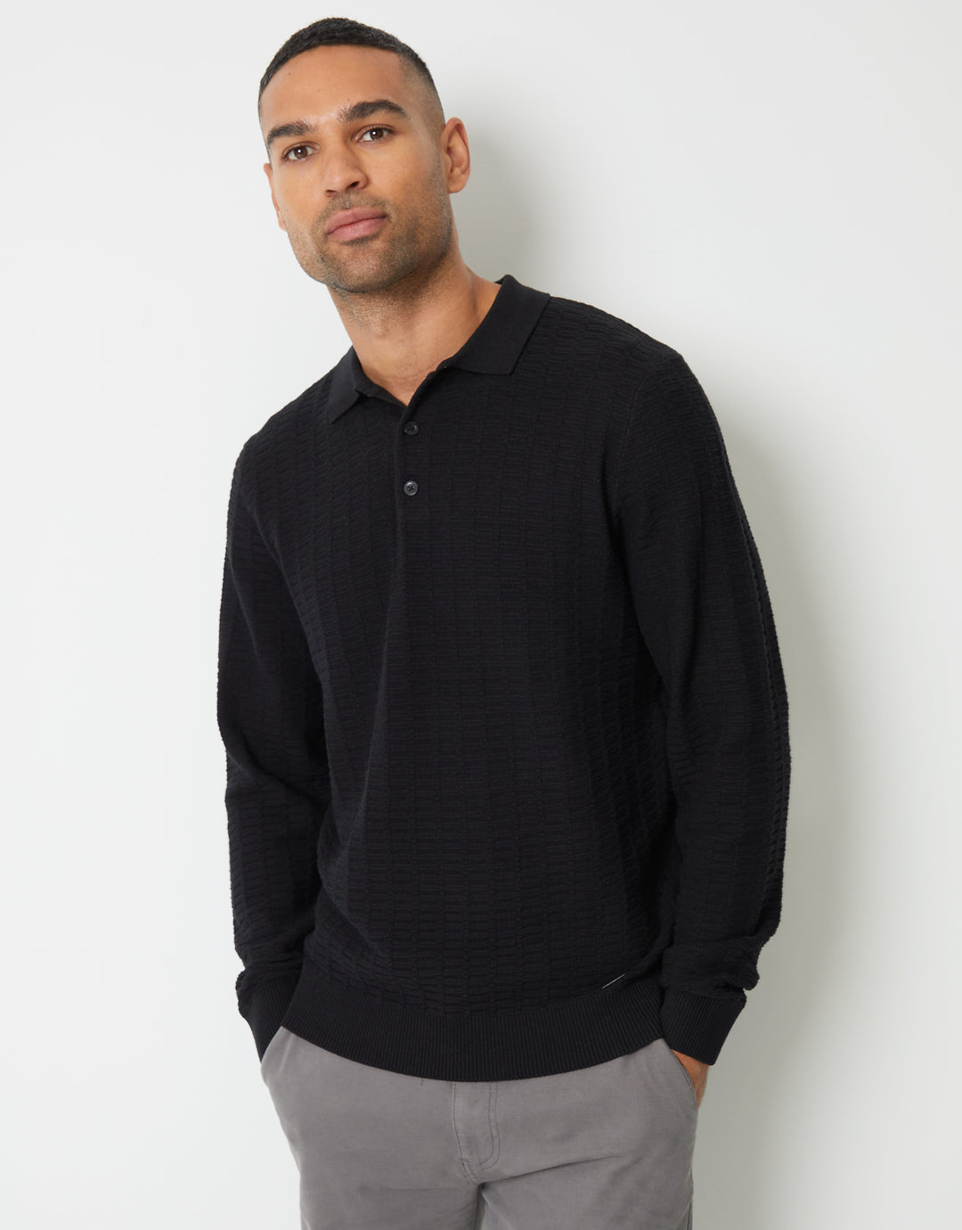 Black Long Sleeve Textured Knitted Polo Jumper