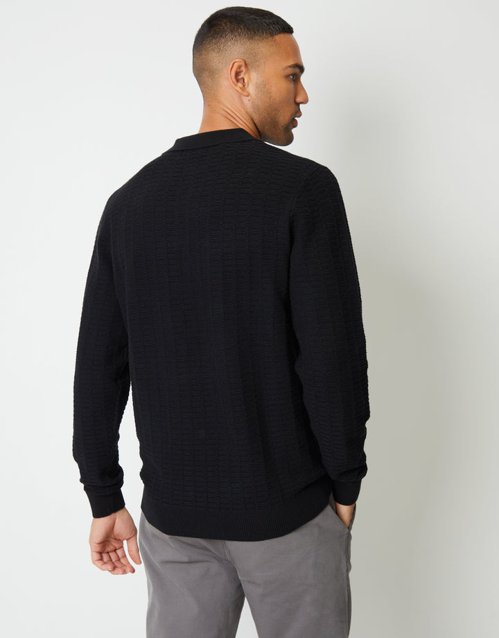 Black Long Sleeve Textured Knitted Polo Jumper