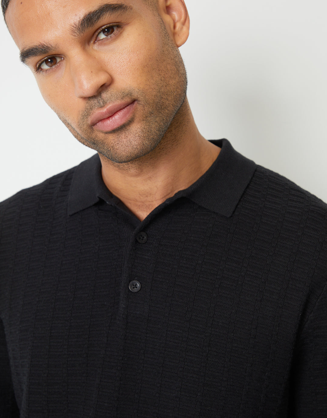 Black Long Sleeve Textured Knitted Polo Jumper