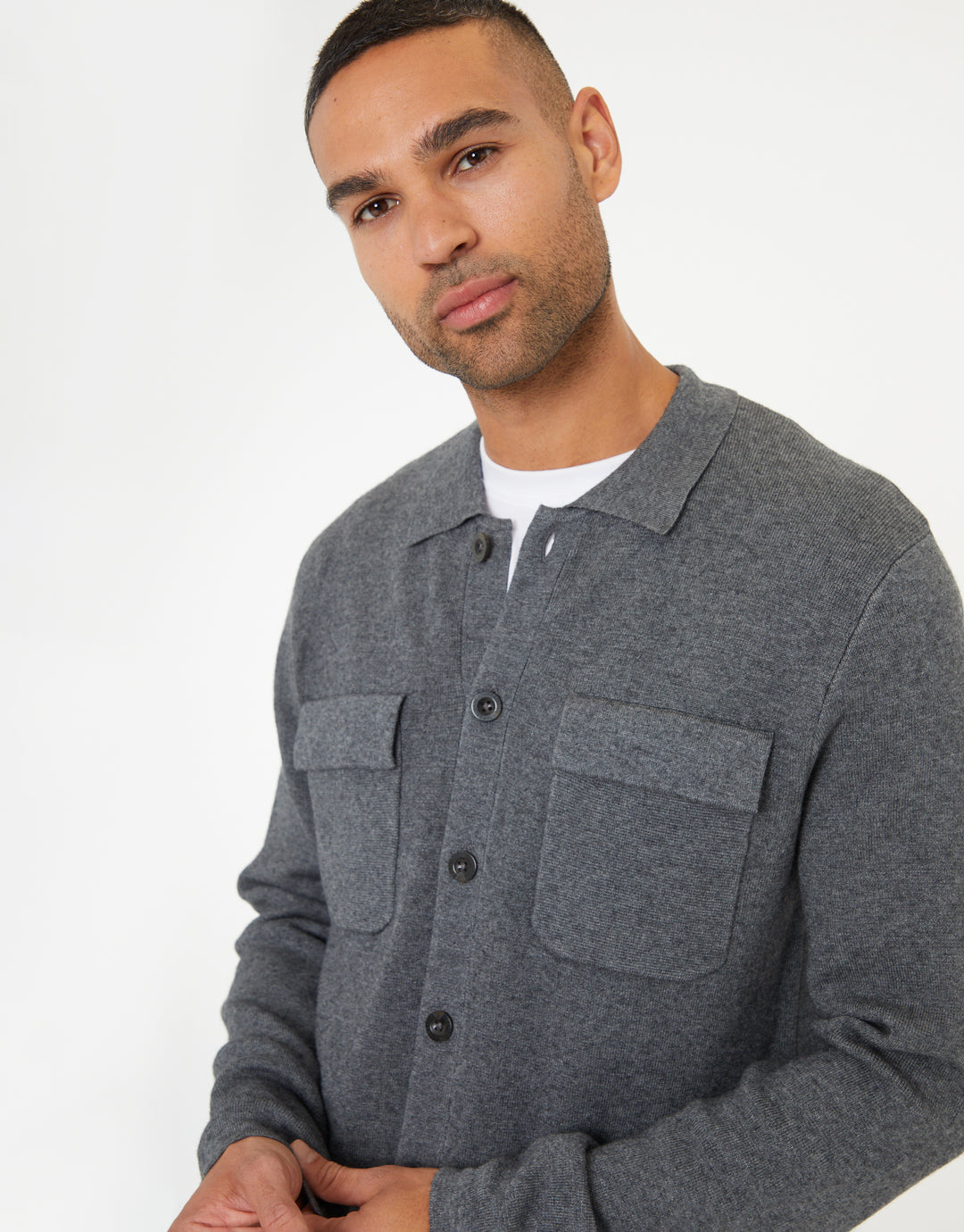 Charcoal Grey Marl Knitted Long Sleeve Shirt