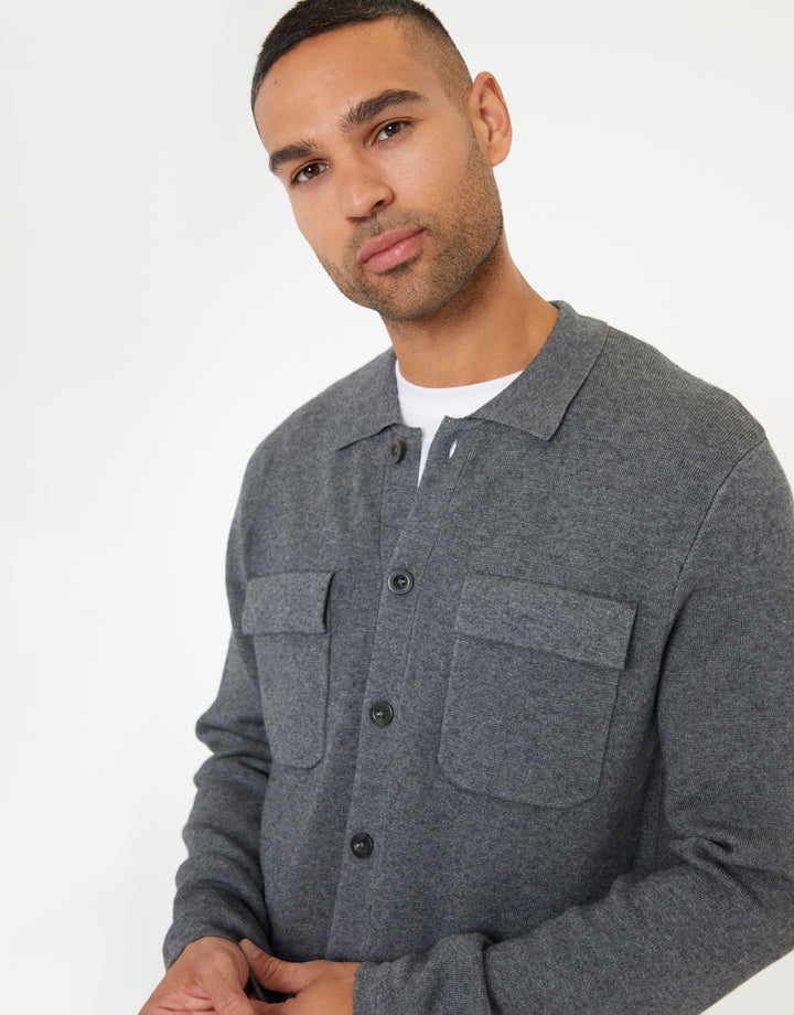 Charcoal Grey Marl Knitted Long Sleeve Shirt