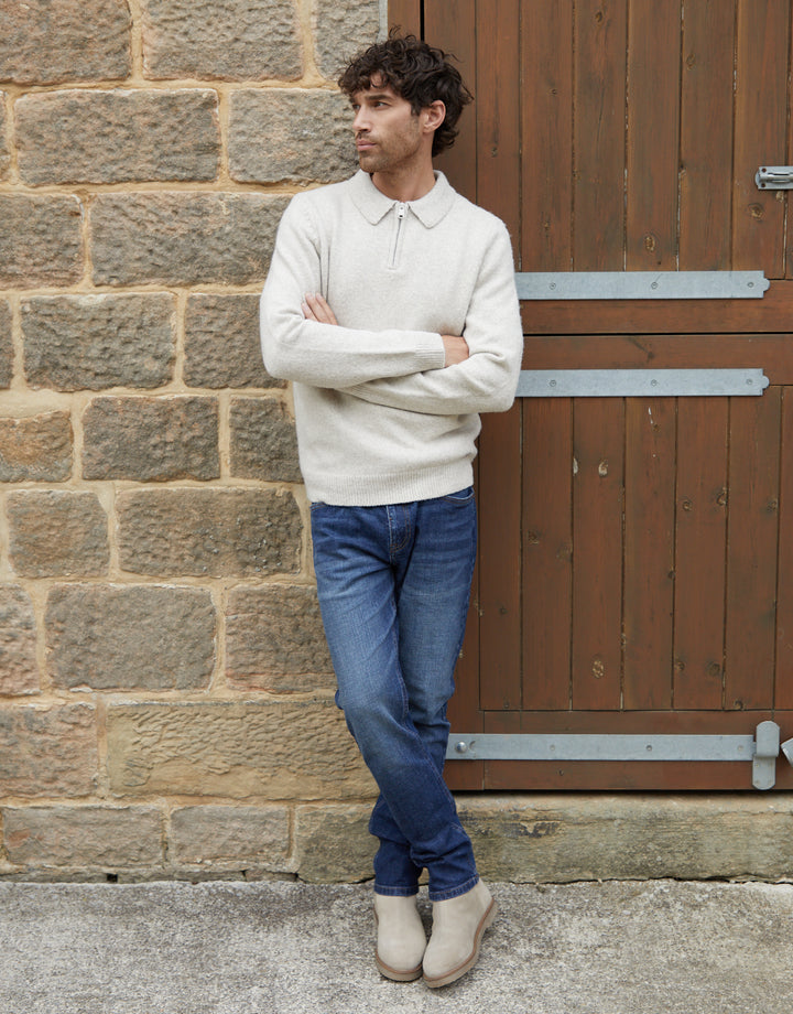 Ecru Marl Long Sleeve Quarter Zip Polo Jumper