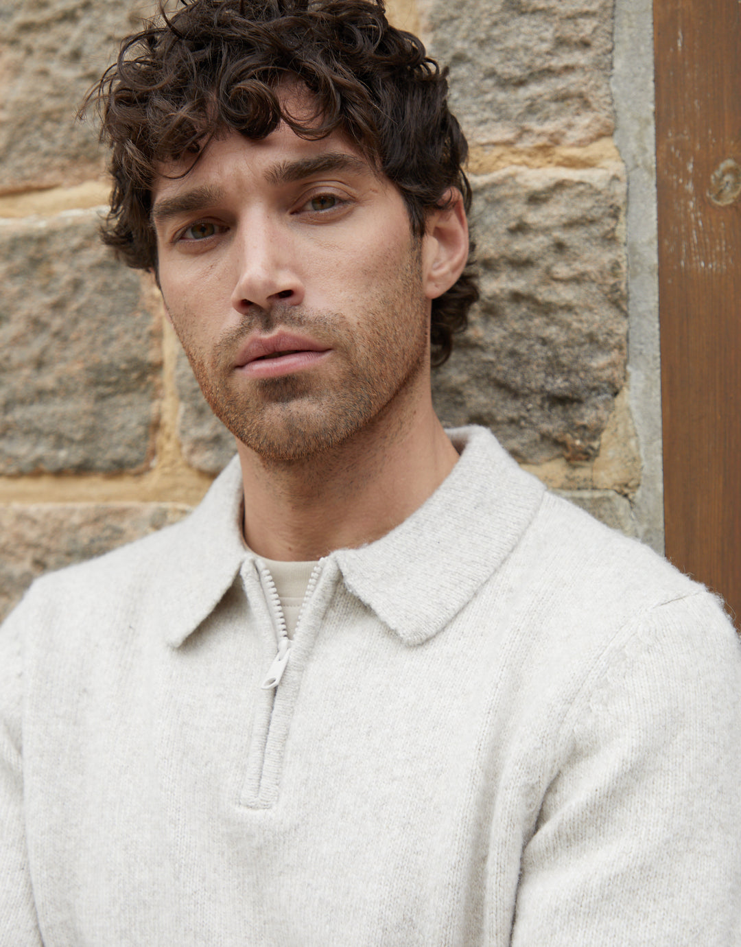 Ecru Marl Long Sleeve Quarter Zip Polo Jumper