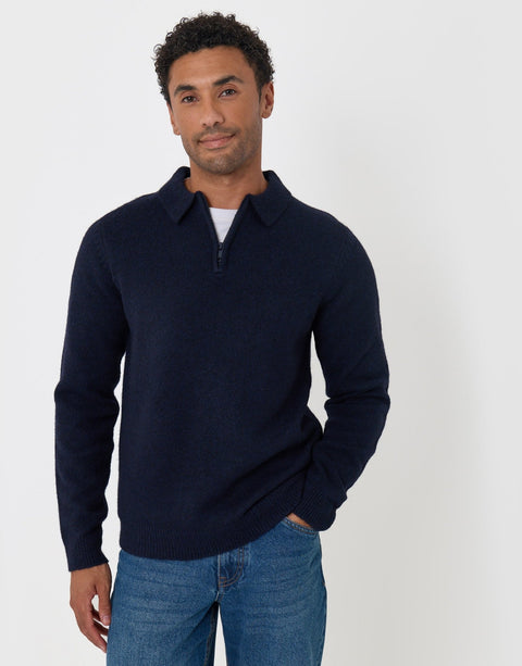 Threadbare Faux Wool Quarter Zip Polo in Navy - front view
