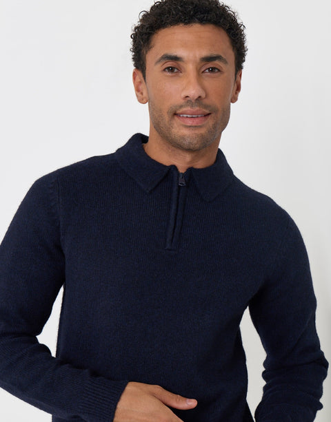 Threadbare Faux Wool Quarter Zip Polo in Navy - close up