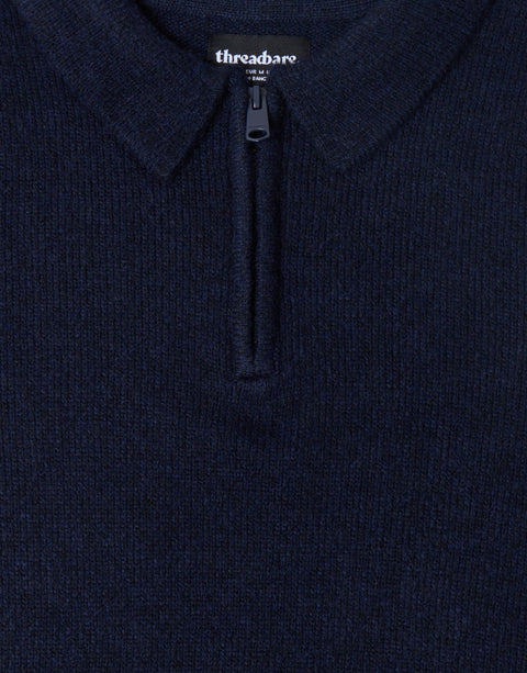 Threadbare Faux Wool Quarter Zip Polo in Navy - detail
