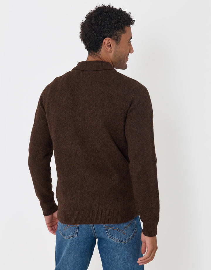 Faux Wool Quarter Zip Polo in Chocolate Brown