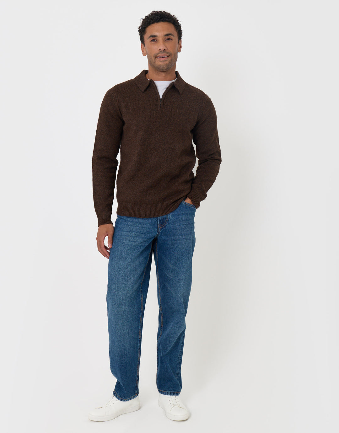 Faux Wool Quarter Zip Polo in Chocolate Brown