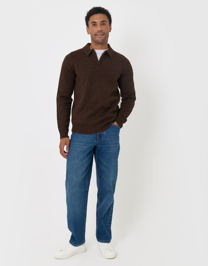 Faux Wool Quarter Zip Polo in Chocolate Brown