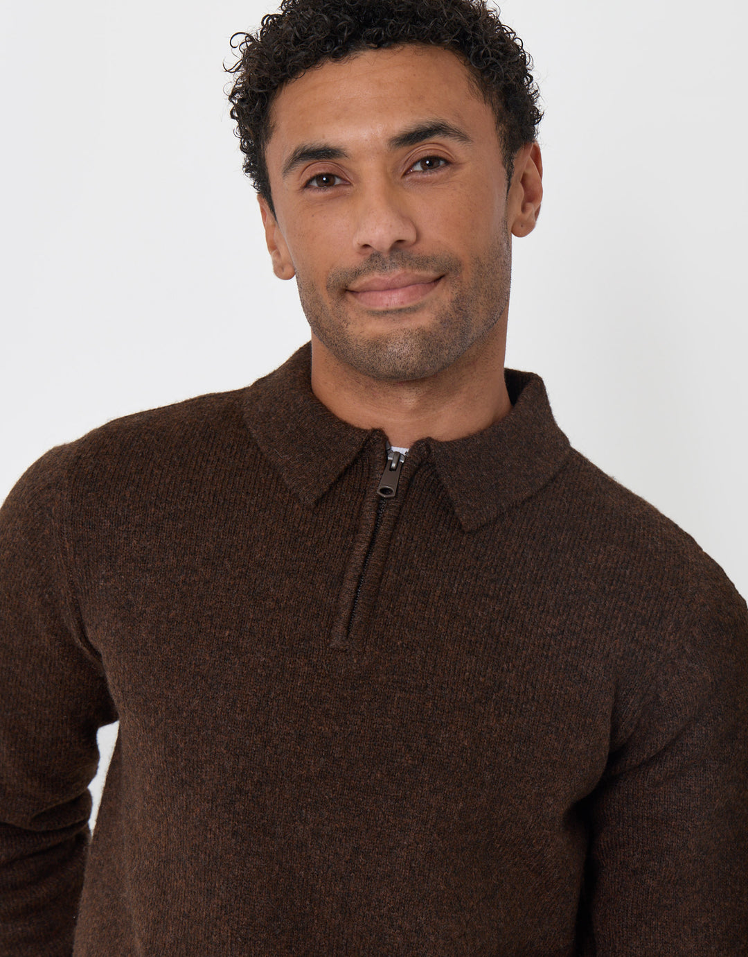 Faux Wool Quarter Zip Polo in Chocolate Brown
