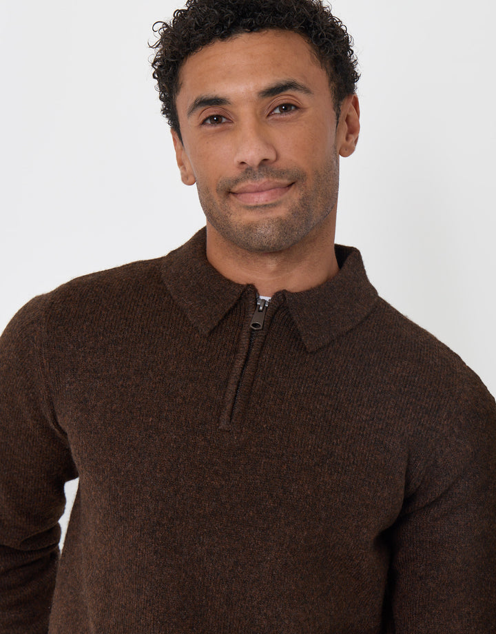 Faux Wool Quarter Zip Polo in Chocolate Brown