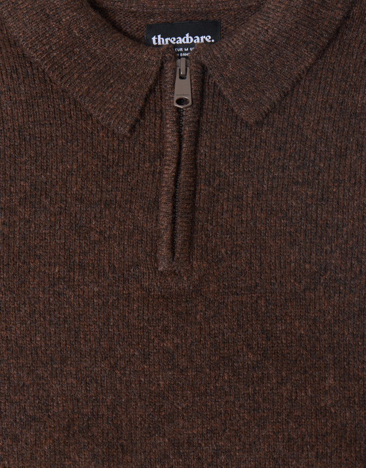 Faux Wool Quarter Zip Polo in Chocolate Brown