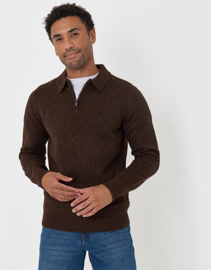 Faux Wool Quarter Zip Polo in Chocolate Brown