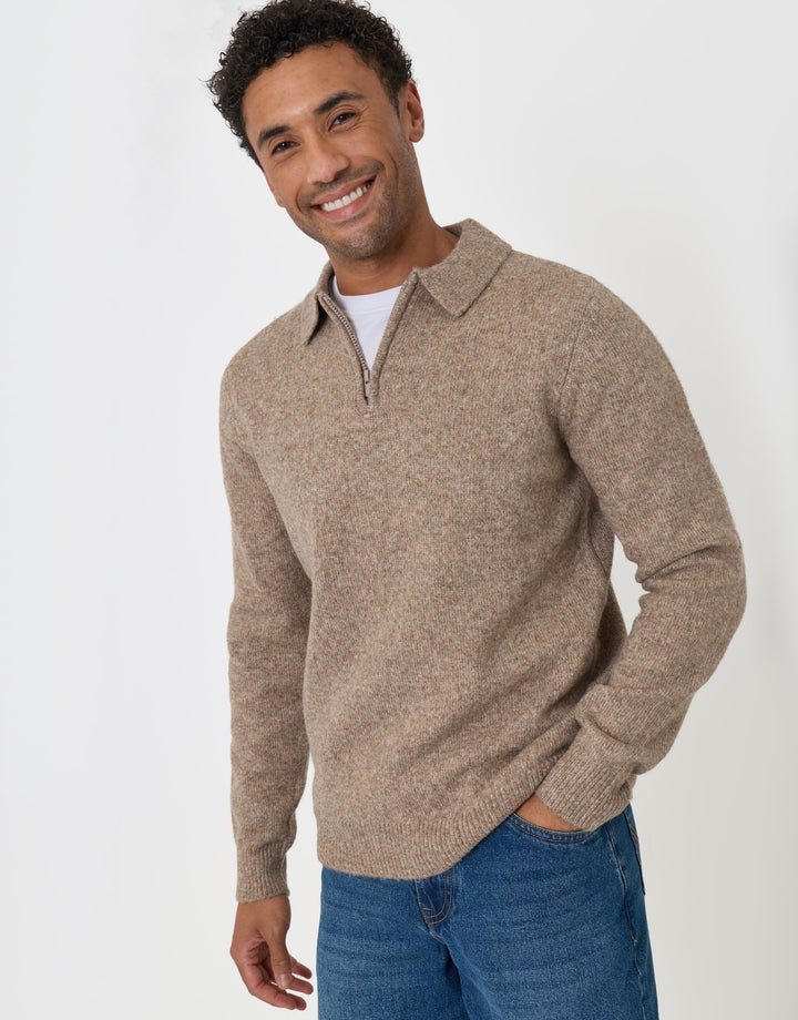 Faux Wool Quarter Zip Polo Jumper in Taupe