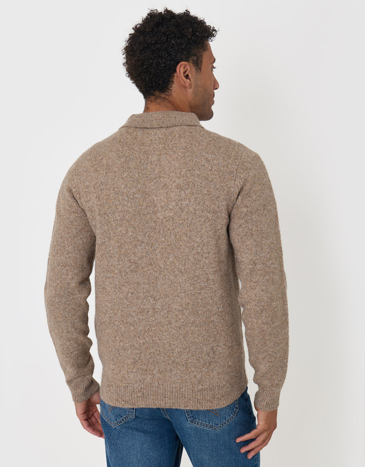 Faux Wool Quarter Zip Polo Jumper in Taupe