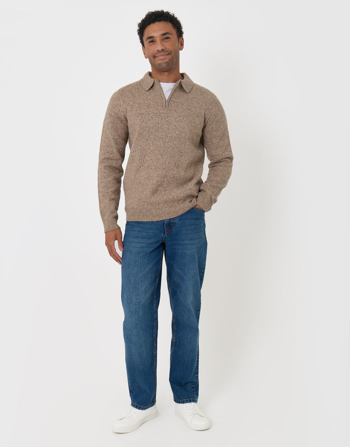 Faux Wool Quarter Zip Polo Jumper in Taupe