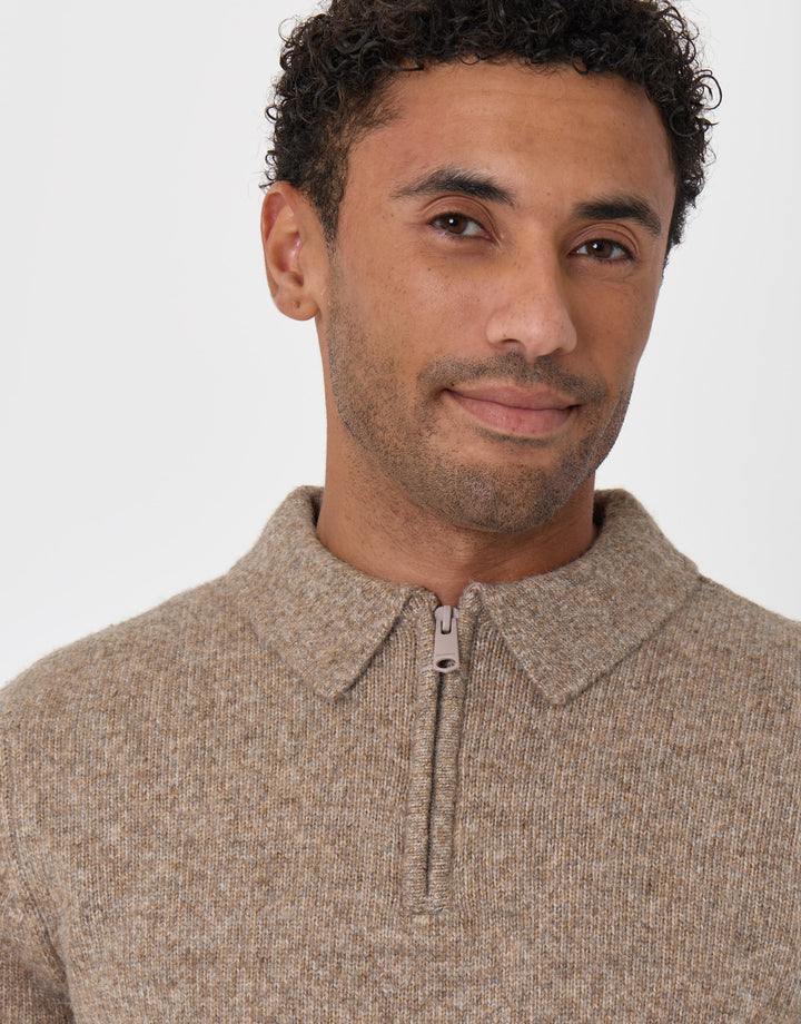Faux Wool Quarter Zip Polo Jumper in Taupe