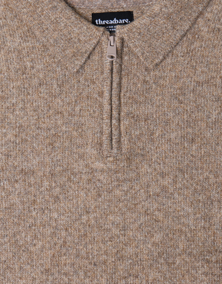 Faux Wool Quarter Zip Polo Jumper in Taupe