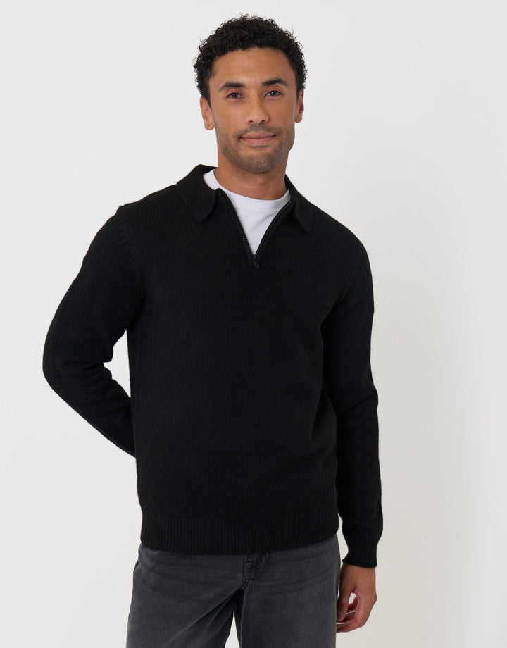 Faux Wool Quarter Zip Polo in Black