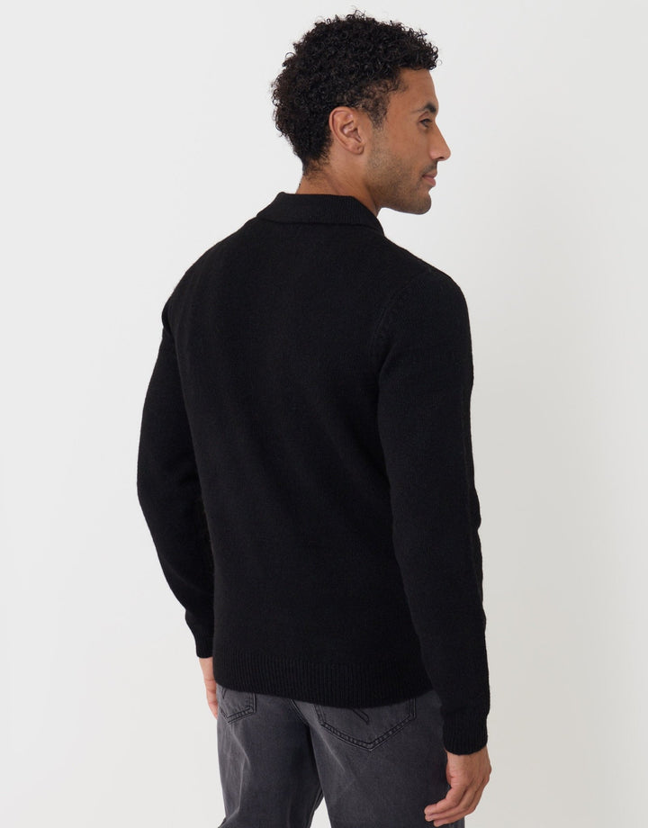 Faux Wool Quarter Zip Polo in Black