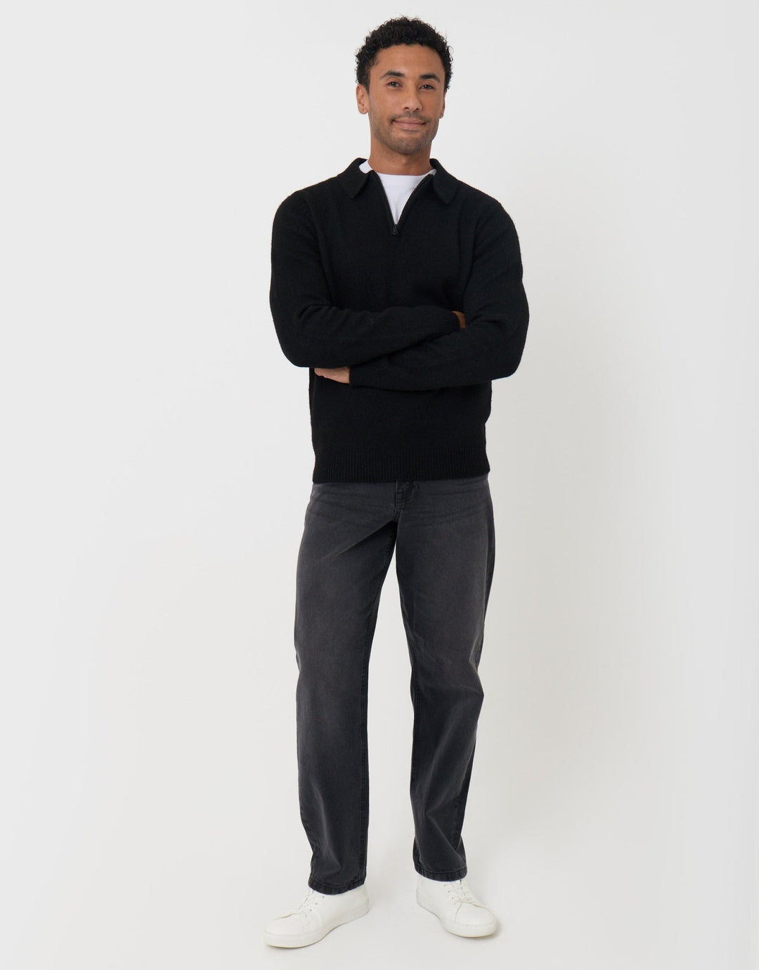 Faux Wool Quarter Zip Polo in Black
