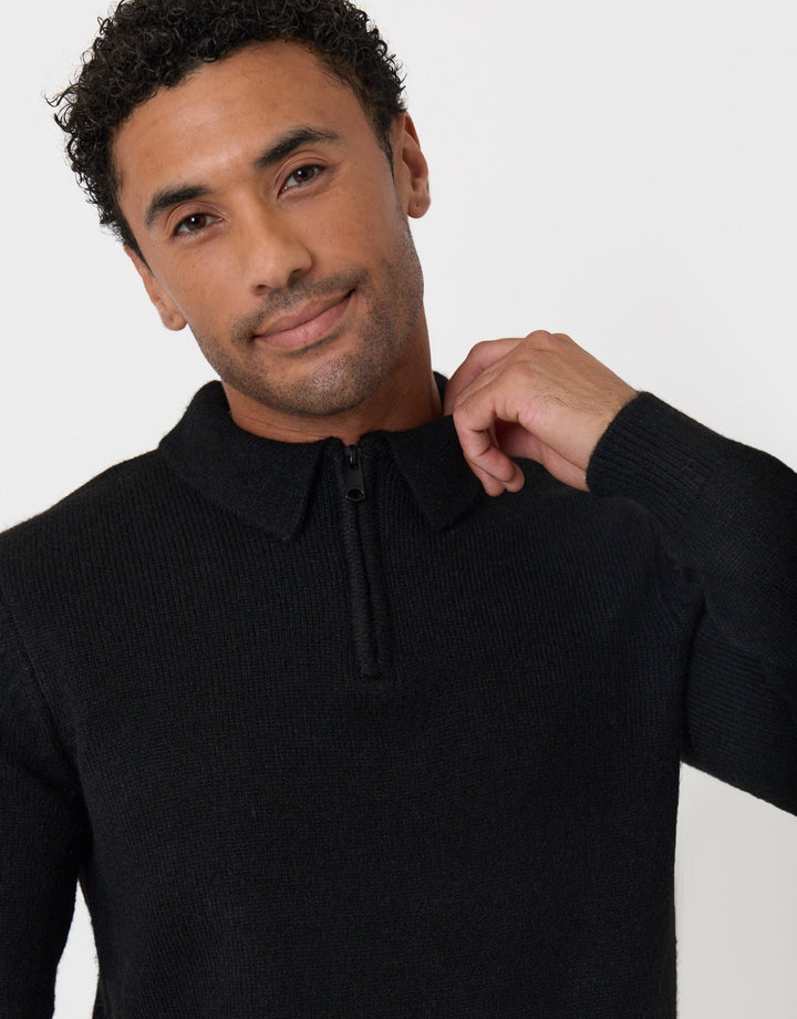 Faux Wool Quarter Zip Polo in Black