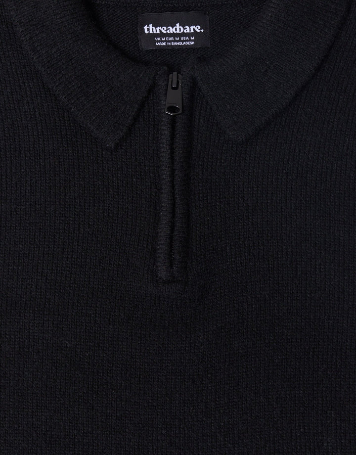 Faux Wool Quarter Zip Polo in Black
